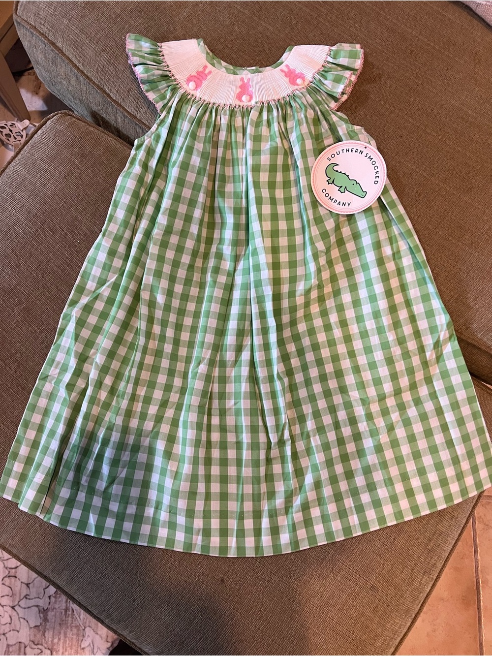 Southern Smocked Co. Girls' Green Gingham Smocked Dress with Pink Detail